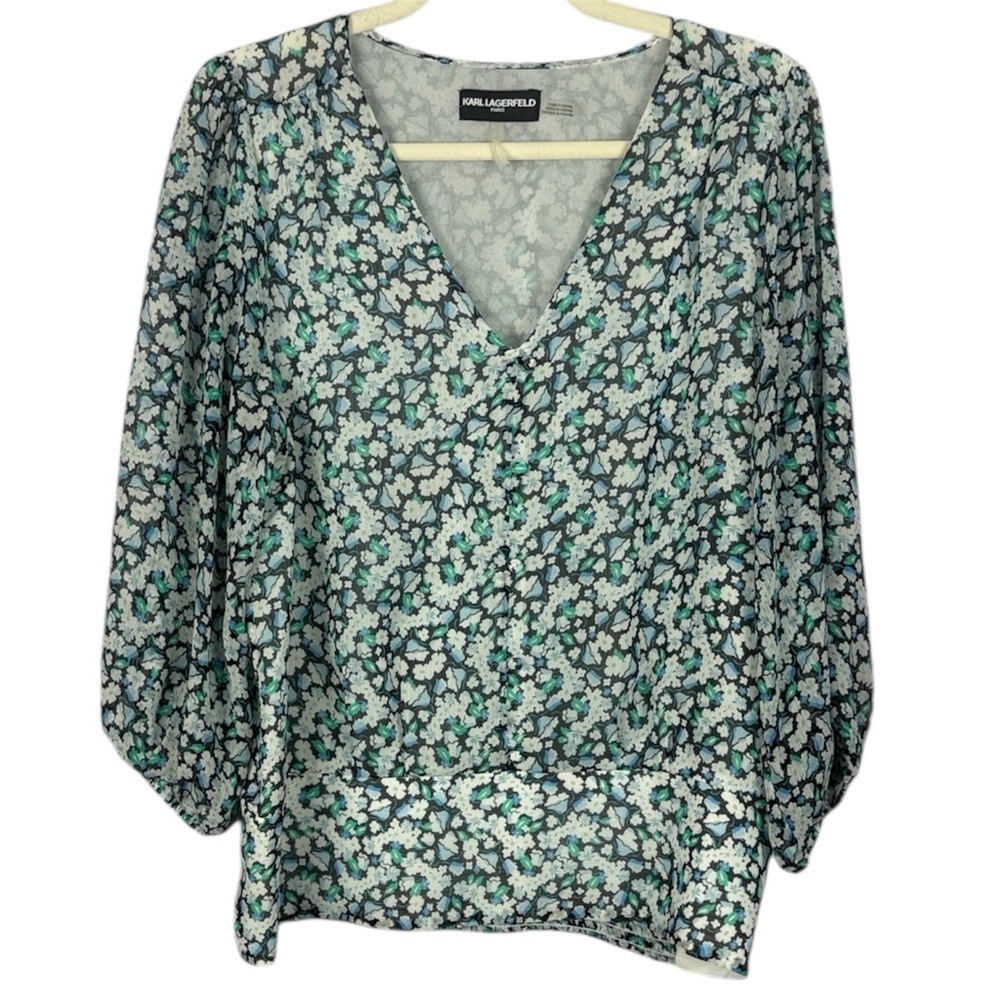 Karl Lagerfeld Black White Green Ditsy Floral 3/4 Sleeve Smocked Med Blouse